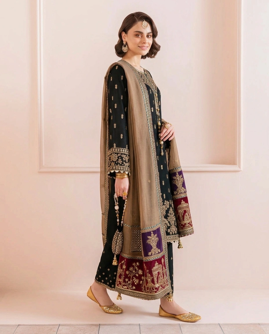 Embroidered 3 Piece Velvet Suit - Party Wear - Image 3
