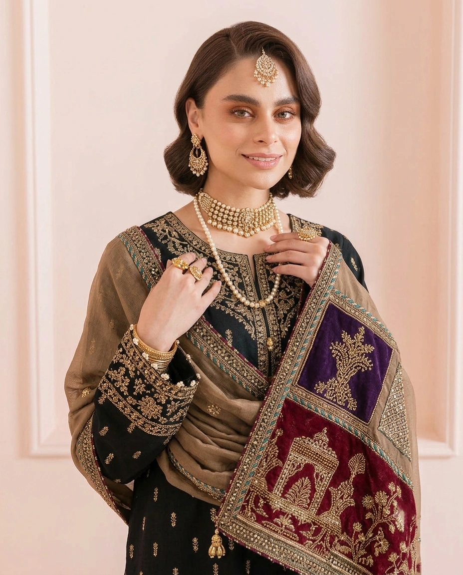 Embroidered 3 Piece Velvet Suit - Party Wear - Image 2