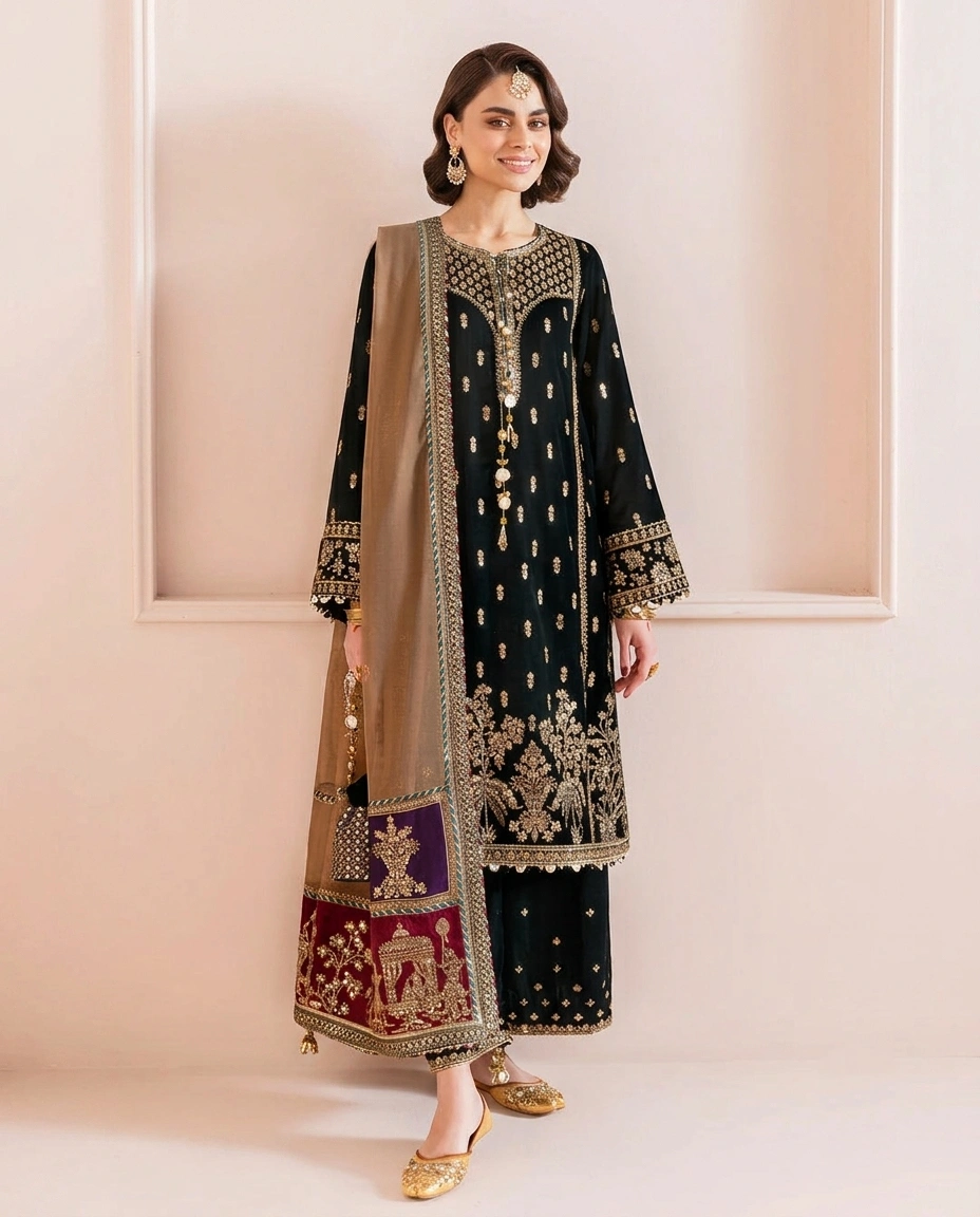 Embroidered 3 Piece Velvet Suit - Party Wear