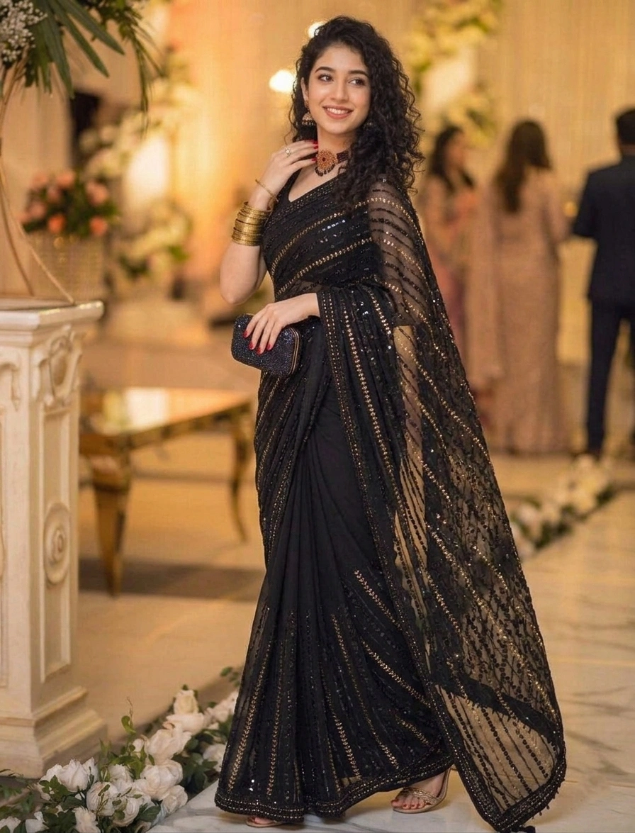 Maryam Nafees Black Chiffon Saree Replica - Image 3