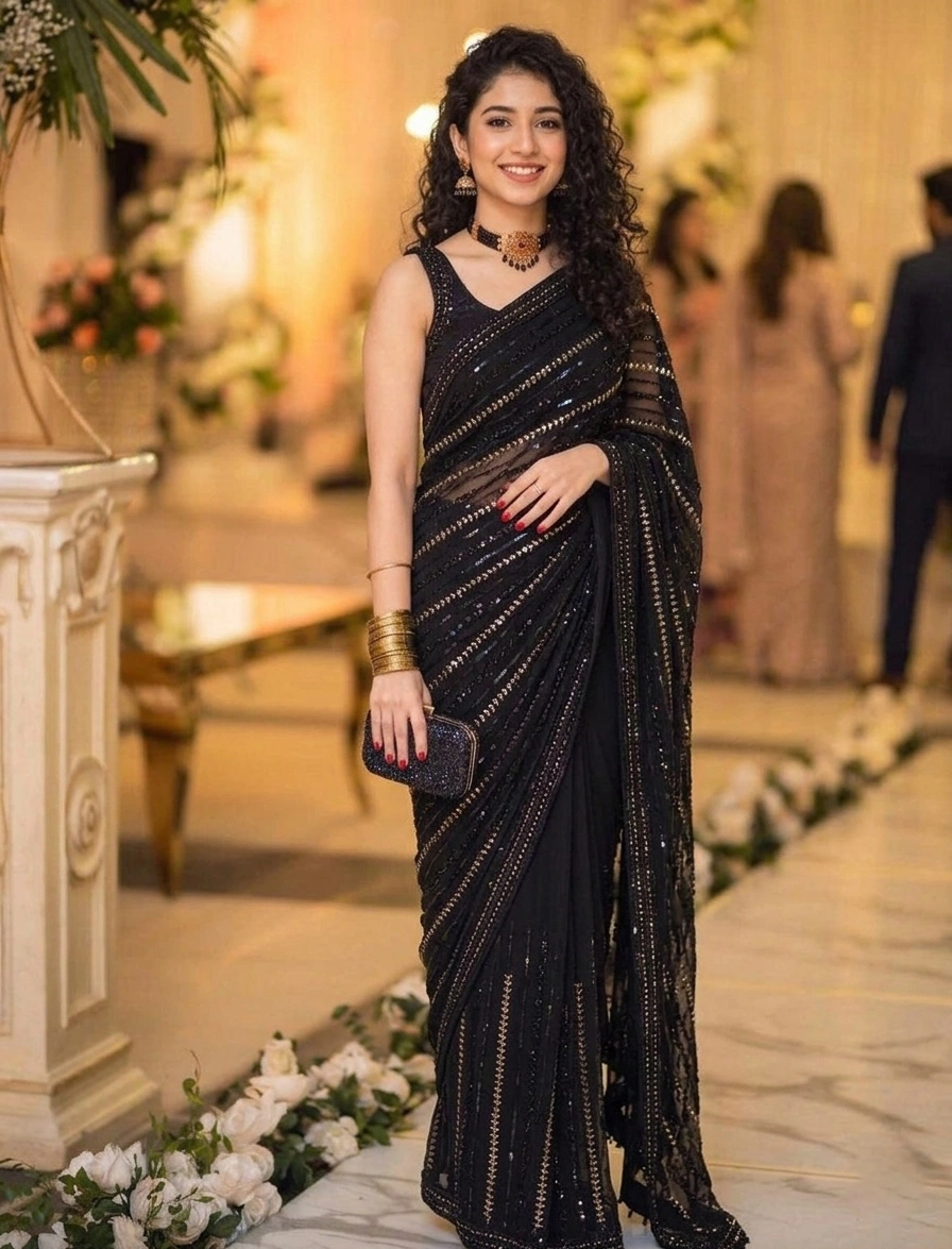 Maryam Nafees Black Chiffon Saree Replica